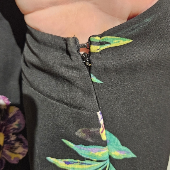 Floral Black Dress Pleated Skirt Sheer Back Zipup | George Size Large - Picture 5 of 7